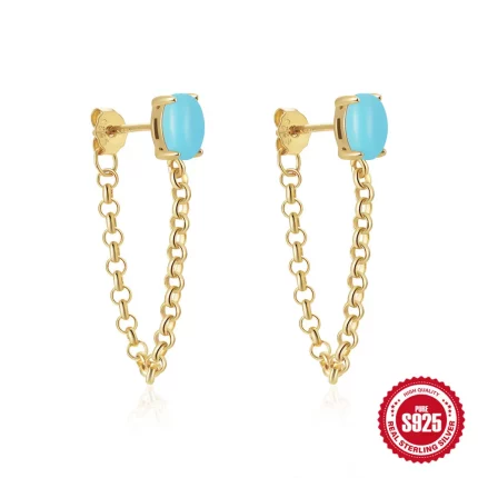 Aimgal Fine Jewelry S925 Turquoise Tassel Chain Earrings Gold Plated 925 Sterling Silver Trendy Piercing Tarnish Free
